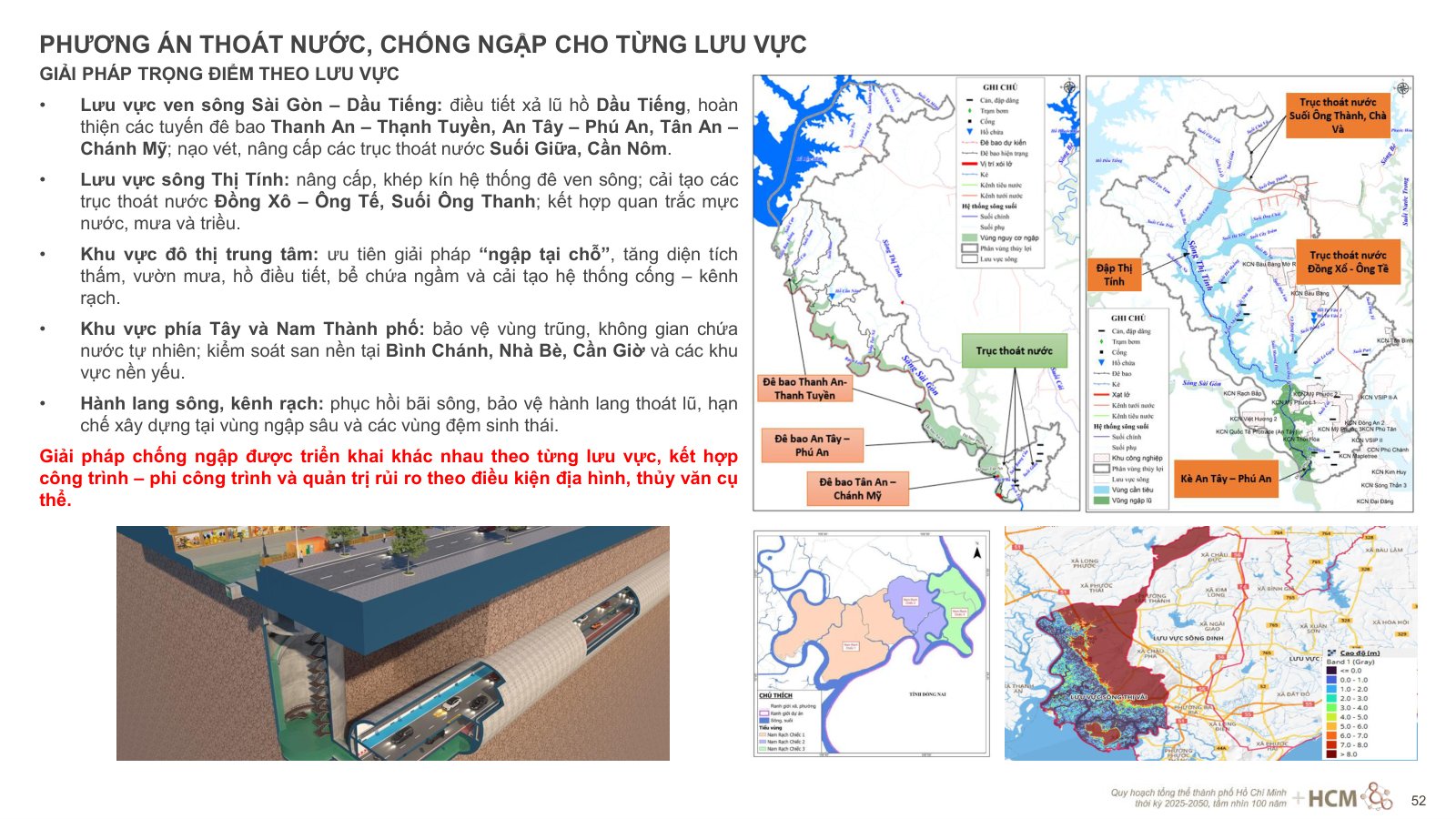Slide phương án thoát nước, chống ngập theo lưu vực với bản đồ đê bao ven sông Sài Gòn – Dầu Tiếng và trục thoát nước sông Thị Tính